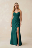 Strapless Ruched Sheath Satin Bridesmaid Dress With Slit in Pine - KissProm Bridesmaid Dresses