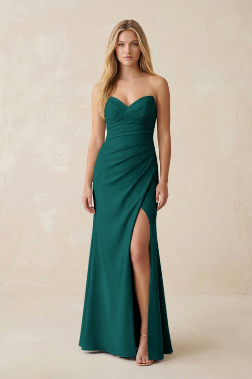 Strapless Ruched Sheath Satin Bridesmaid Dress With Slit in Pine - KissProm Bridesmaid Dresses
