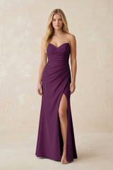 Strapless Ruched Sheath Satin Bridesmaid Dress With Slit in Plum - KissProm Bridesmaid Dresses
