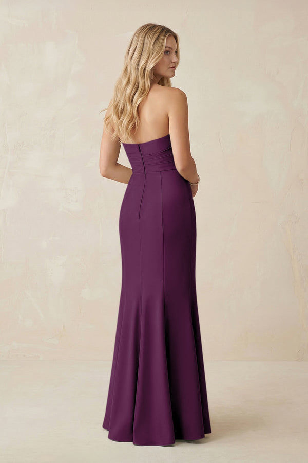 Strapless Ruched Sheath Satin Bridesmaid Dress With Slit in Plum - KissProm Bridesmaid Dresses