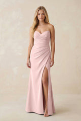 Strapless Ruched Sheath Satin Bridesmaid Dress With Slit in Rose Petal - KissProm Bridesmaid Dresses
