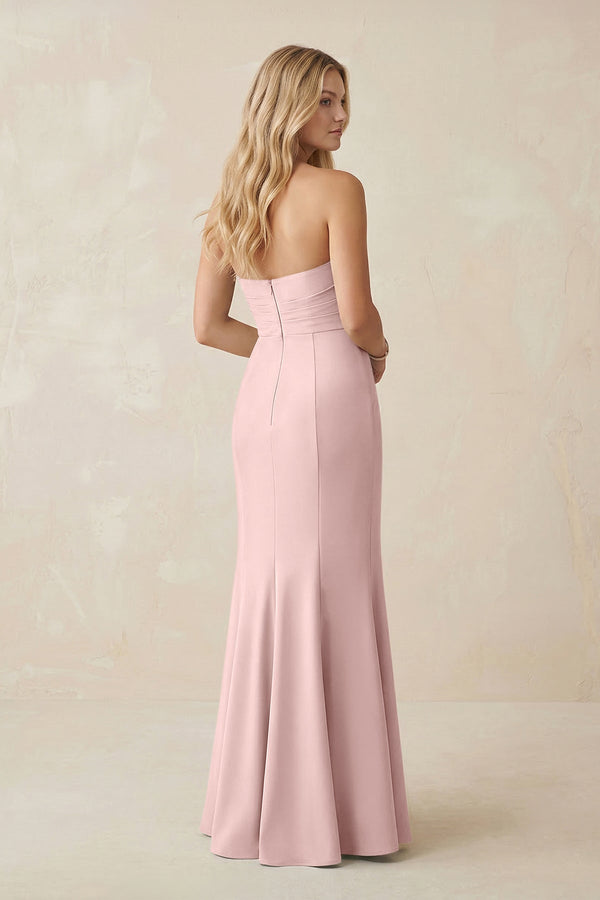 Strapless Ruched Sheath Satin Bridesmaid Dress With Slit in Rose Petal - KissProm Bridesmaid Dresses