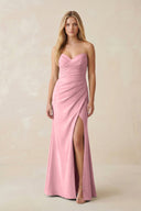Strapless Ruched Sheath Satin Bridesmaid Dress With Slit in Rosette - KissProm Bridesmaid Dresses