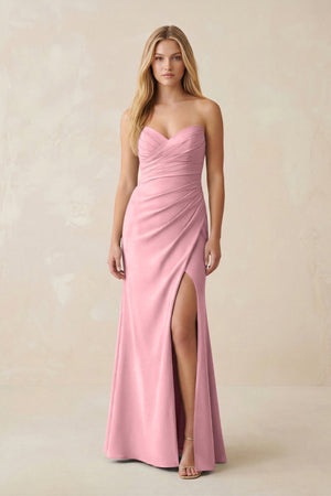 Strapless Ruched Sheath Satin Bridesmaid Dress With Slit in Rosette - KissProm Bridesmaid Dresses
