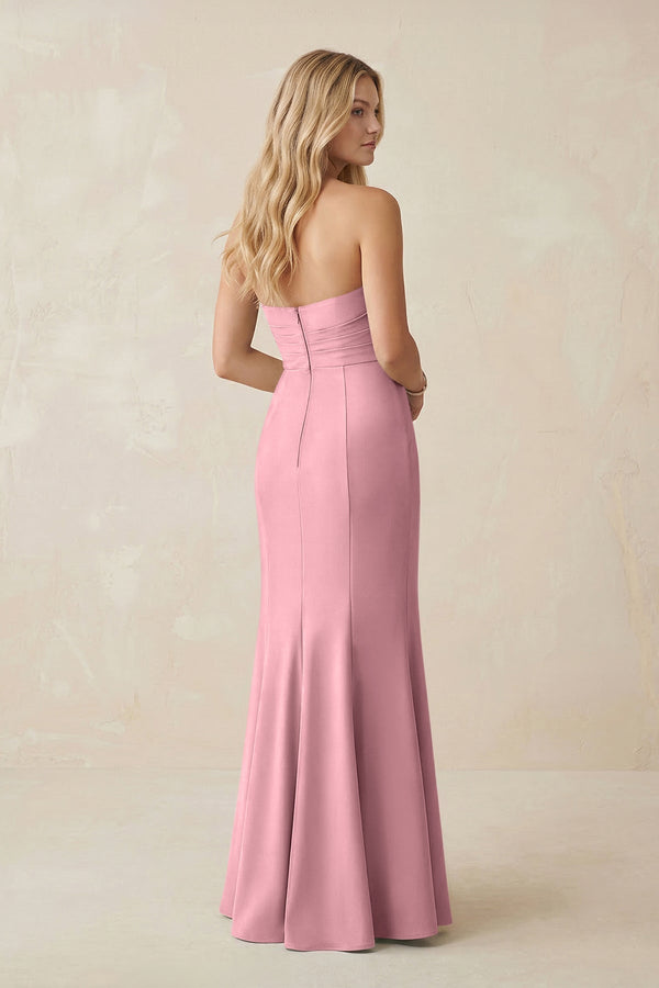 Strapless Ruched Sheath Satin Bridesmaid Dress With Slit in Rosette - KissProm Bridesmaid Dresses