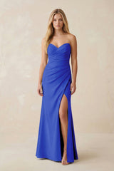 Strapless Ruched Sheath Satin Bridesmaid Dress With Slit in Royal Blue - KissProm Bridesmaid Dresses