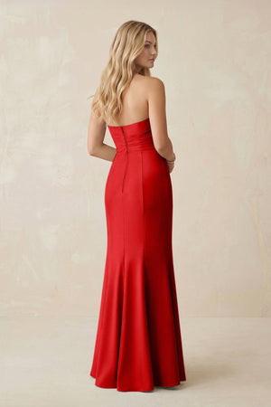 Strapless Ruched Sheath Satin Bridesmaid Dress With Slit in Ruby Red - KissProm Bridesmaid Dresses
