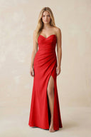 Strapless Ruched Sheath Satin Bridesmaid Dress With Slit in Ruby Red - KissProm Bridesmaid Dresses