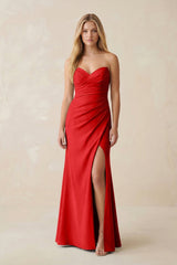 Strapless Ruched Sheath Satin Bridesmaid Dress With Slit in Ruby Red - KissProm Bridesmaid Dresses