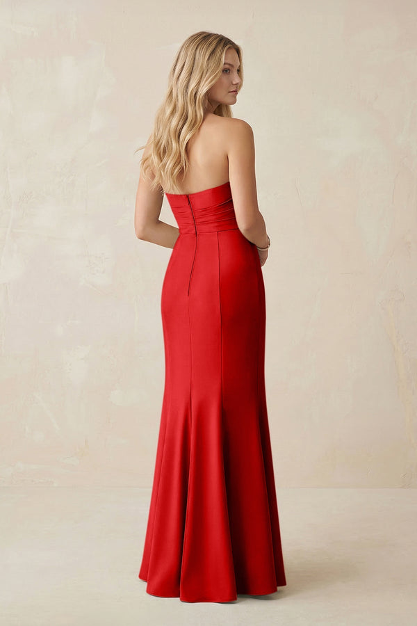 Strapless Ruched Sheath Satin Bridesmaid Dress With Slit in Ruby Red - KissProm Bridesmaid Dresses