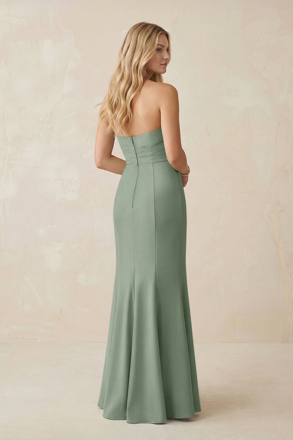 Strapless Ruched Sheath Satin Bridesmaid Dress With Slit in Sage - KissProm Bridesmaid Dresses