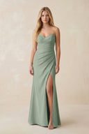 Strapless Ruched Sheath Satin Bridesmaid Dress With Slit in Sage - KissProm Bridesmaid Dresses