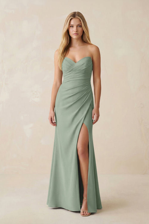Strapless Ruched Sheath Satin Bridesmaid Dress With Slit in Sage - KissProm Bridesmaid Dresses