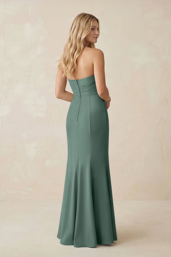 Strapless Ruched Sheath Satin Bridesmaid Dress With Slit in Sea Glass - KissProm Bridesmaid Dresses