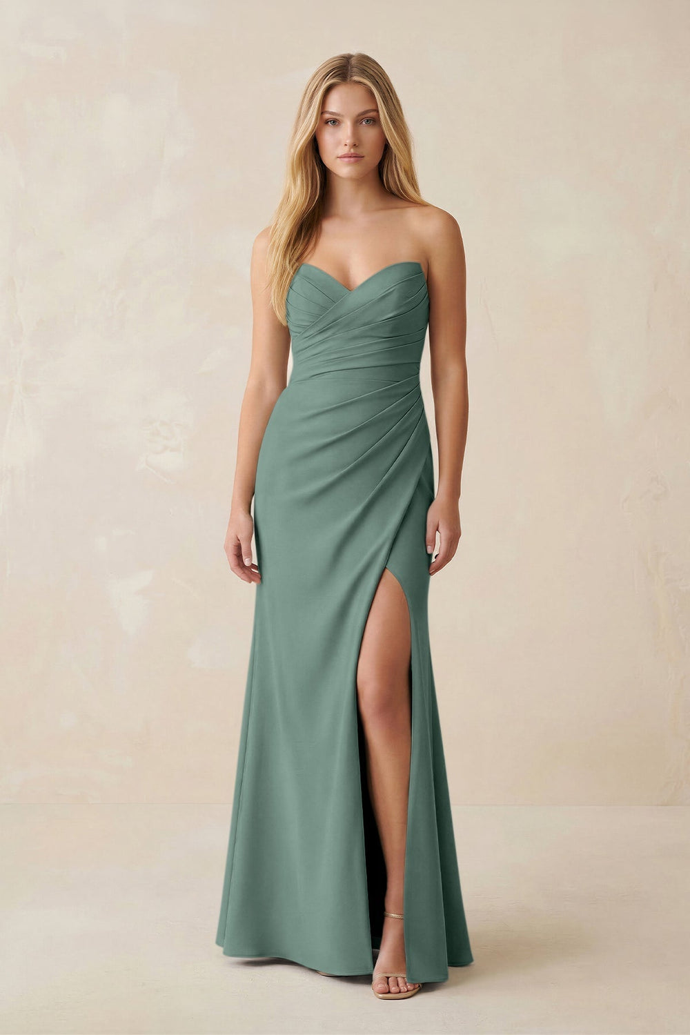 Strapless Ruched Sheath Satin Bridesmaid Dress With Slit in Sea Glass - KissProm Bridesmaid Dresses