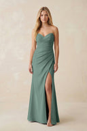 Strapless Ruched Sheath Satin Bridesmaid Dress With Slit in Sea Glass - KissProm Bridesmaid Dresses