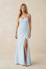 Strapless Ruched Sheath Satin Bridesmaid Dress With Slit in Sky Blue - KissProm Bridesmaid Dresses