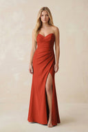 Strapless Ruched Sheath Satin Bridesmaid Dress With Slit in Spice - KissProm Bridesmaid Dresses