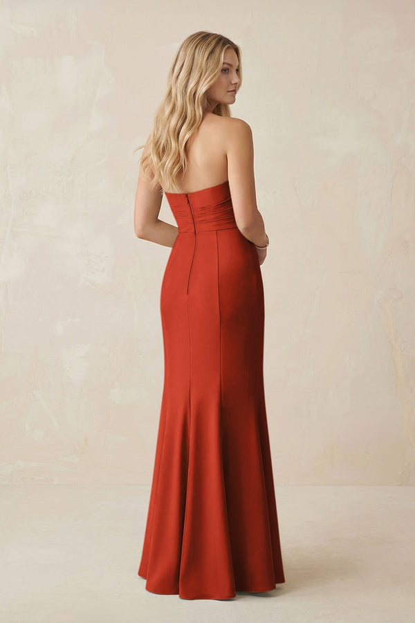 Strapless Ruched Sheath Satin Bridesmaid Dress With Slit in Spice - KissProm Bridesmaid Dresses
