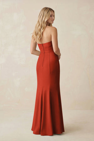 Strapless Ruched Sheath Satin Bridesmaid Dress With Slit in Spice - KissProm Bridesmaid Dresses