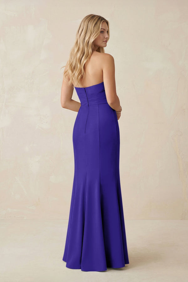 Strapless Ruched Sheath Satin Bridesmaid Dress With Slit in Tahiti - KissProm Bridesmaid Dresses