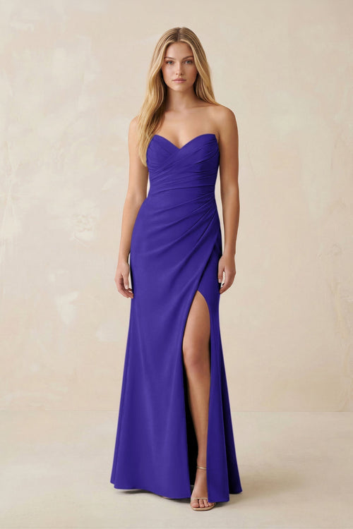 Strapless Ruched Sheath Satin Bridesmaid Dress With Slit in Tahiti - KissProm Bridesmaid Dresses