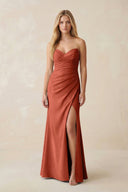Strapless Ruched Sheath Satin Bridesmaid Dress With Slit in Terracotta - KissProm Bridesmaid Dresses