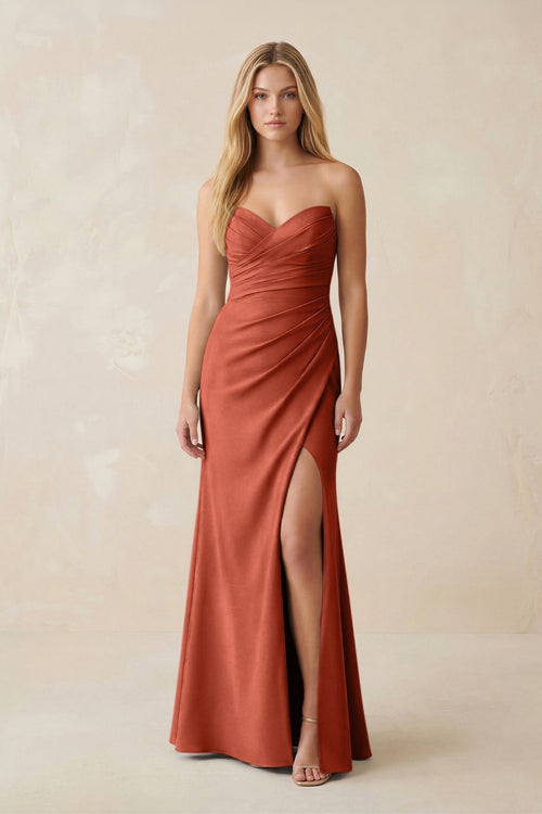 Strapless Ruched Sheath Satin Bridesmaid Dress With Slit in Terracotta - KissProm Bridesmaid Dresses
