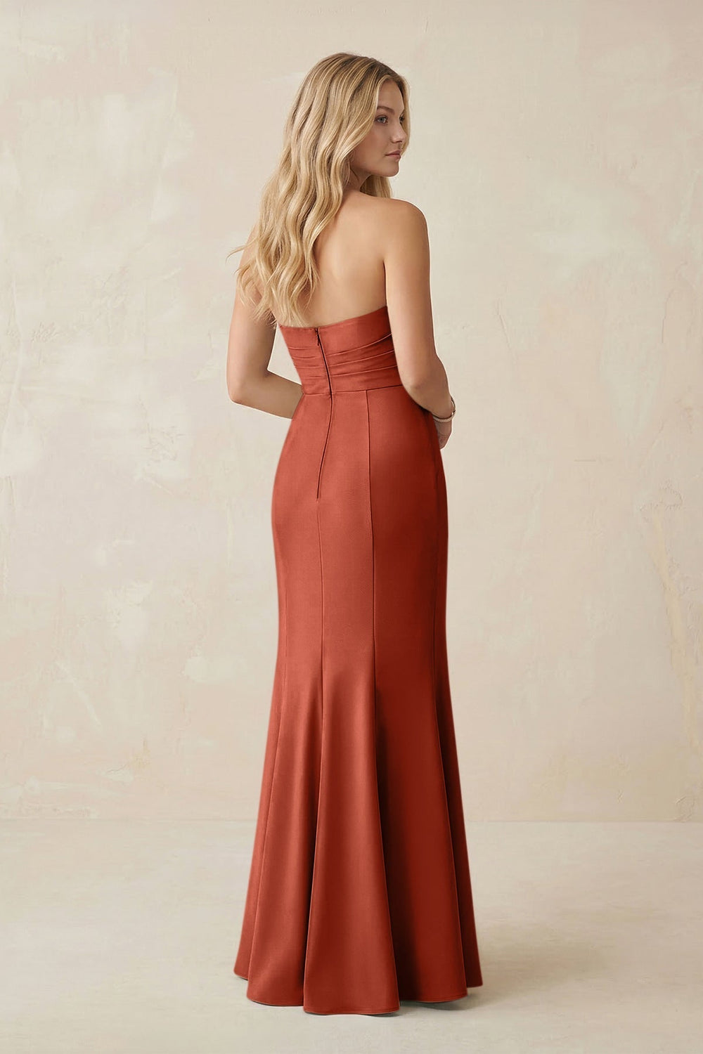 Strapless Ruched Sheath Satin Bridesmaid Dress With Slit in Terracotta - KissProm Bridesmaid Dresses