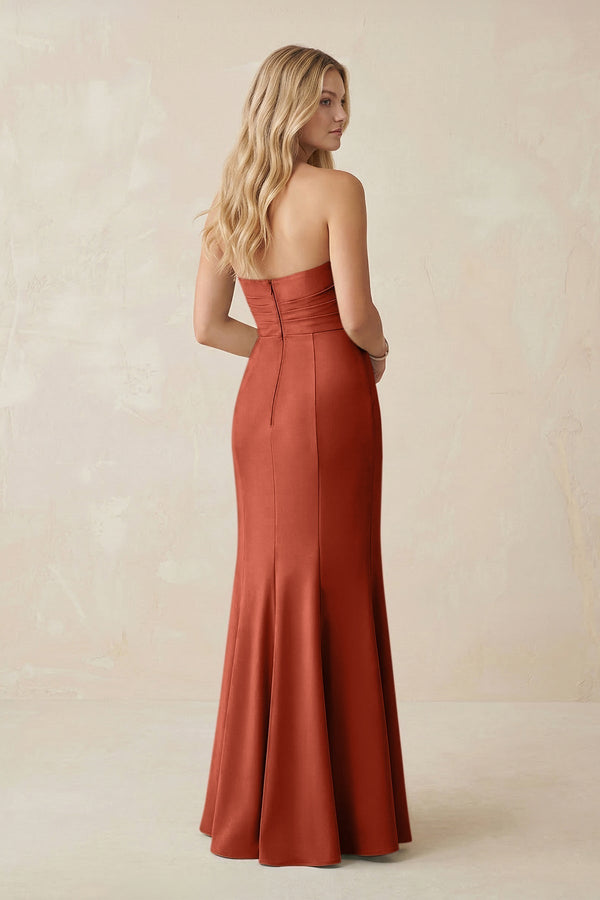 Strapless Ruched Sheath Satin Bridesmaid Dress With Slit in Terracotta - KissProm Bridesmaid Dresses