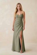 Strapless Ruched Sheath Satin Bridesmaid Dress With Slit in Thyme - KissProm Bridesmaid Dresses