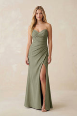 Strapless Ruched Sheath Satin Bridesmaid Dress With Slit in Thyme - KissProm Bridesmaid Dresses