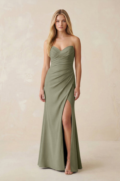 Strapless Ruched Sheath Satin Bridesmaid Dress With Slit in Thyme - KissProm Bridesmaid Dresses