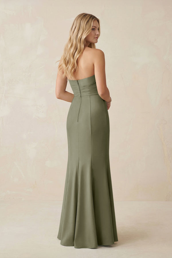 Strapless Ruched Sheath Satin Bridesmaid Dress With Slit in Thyme - KissProm Bridesmaid Dresses