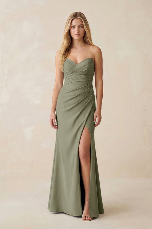 Strapless Ruched Sheath Satin Bridesmaid Dress With Slit in Thyme - KissProm Bridesmaid Dresses