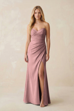 Strapless Ruched Sheath Satin Bridesmaid Dress With Slit in Toffee - KissProm Bridesmaid Dresses