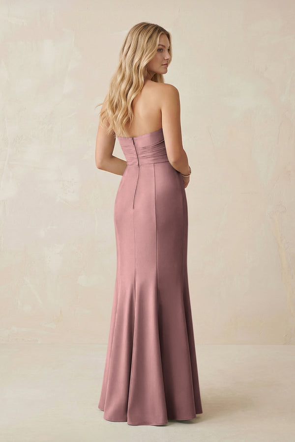 Strapless Ruched Sheath Satin Bridesmaid Dress With Slit in Toffee - KissProm Bridesmaid Dresses