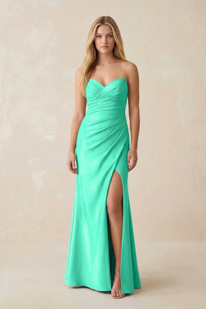 Strapless Ruched Sheath Satin Bridesmaid Dress With Slit in Turquoise - KissProm Bridesmaid Dresses