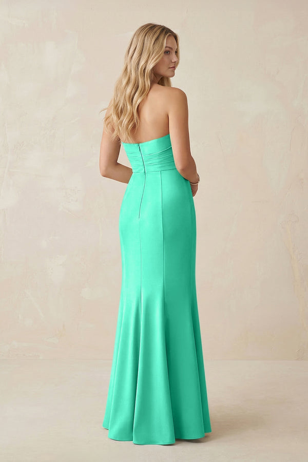 Strapless Ruched Sheath Satin Bridesmaid Dress With Slit in Turquoise - KissProm Bridesmaid Dresses