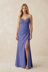 Strapless Ruched Sheath Satin Bridesmaid Dress With Slit in Twilight - KissProm Bridesmaid Dresses
