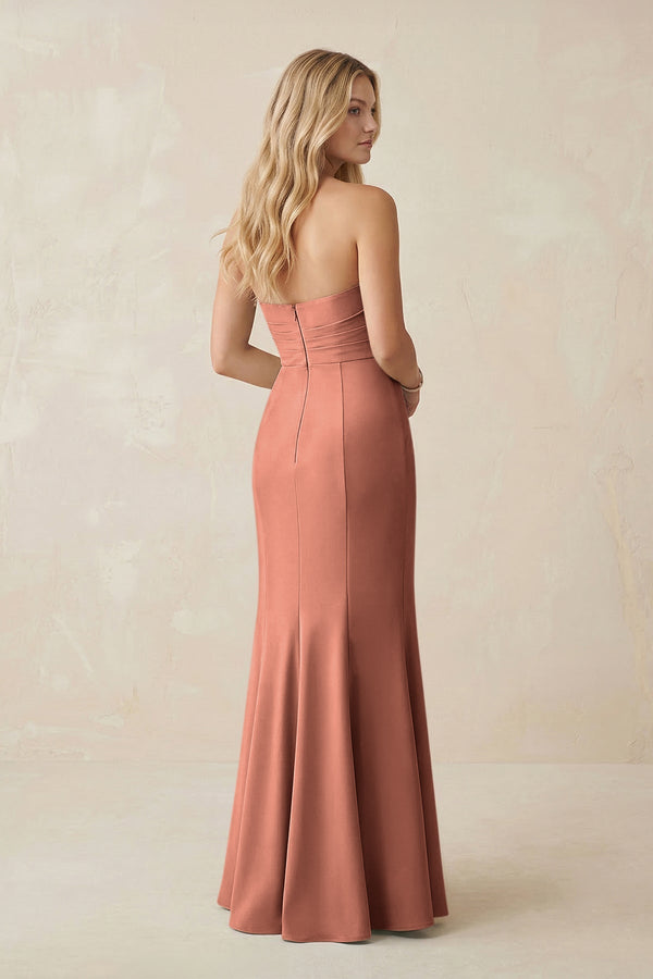 Strapless Ruched Sheath Satin Bridesmaid Dress With Slit in Wild Rose - KissProm Bridesmaid Dresses