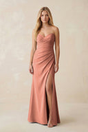 Strapless Ruched Sheath Satin Bridesmaid Dress With Slit in Wild Rose - KissProm Bridesmaid Dresses