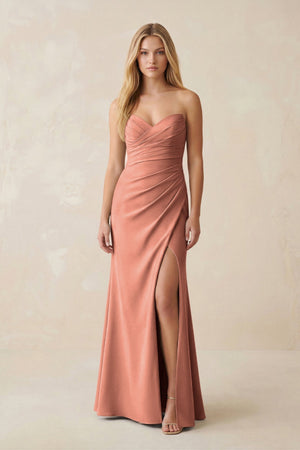 Strapless Ruched Sheath Satin Bridesmaid Dress With Slit in Wild Rose - KissProm Bridesmaid Dresses