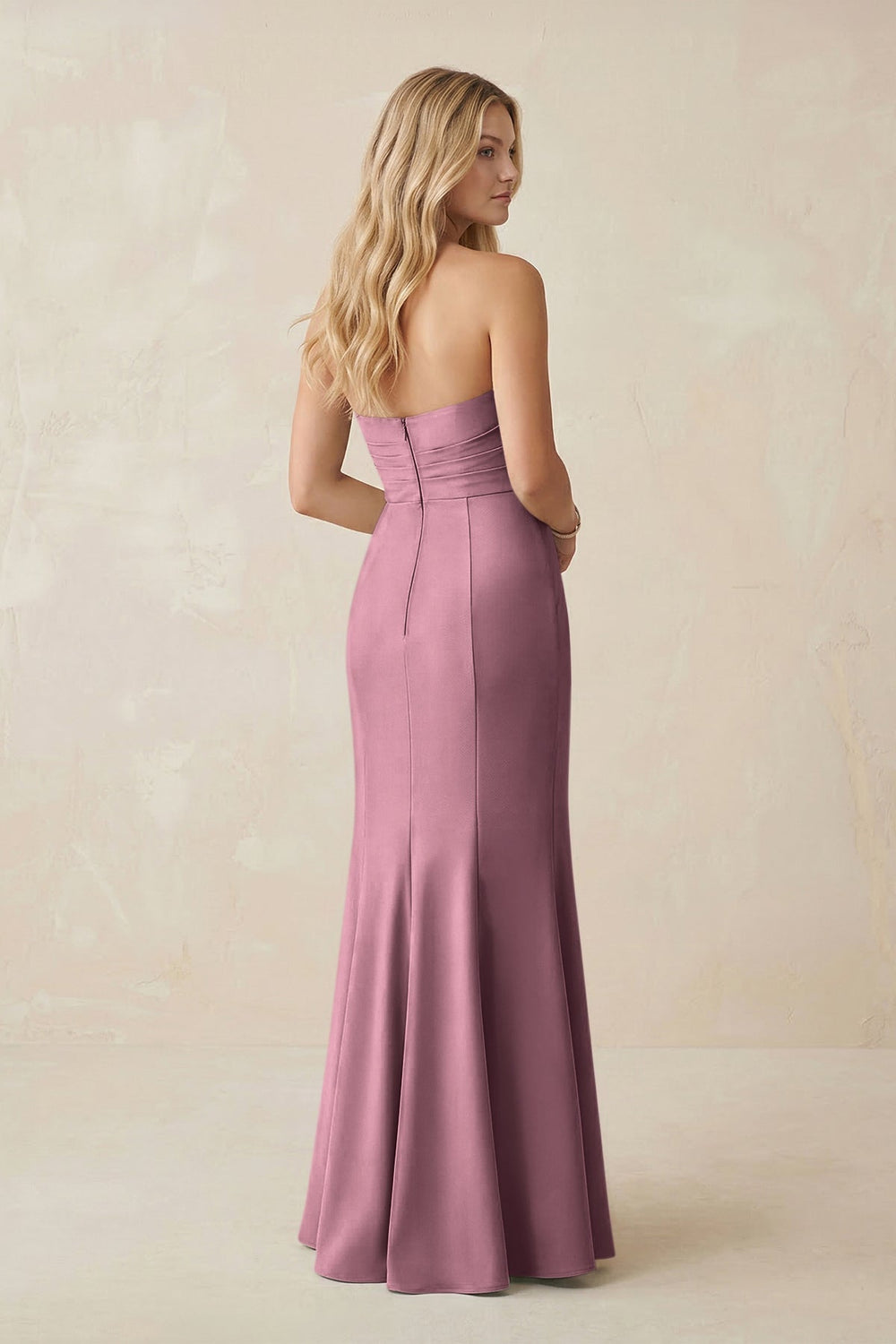Strapless Ruched Sheath Satin Bridesmaid Dress With Slit in Wisteria - KissProm Bridesmaid Dresses