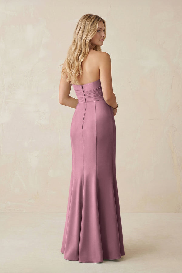 Strapless Ruched Sheath Satin Bridesmaid Dress With Slit in Wisteria - KissProm Bridesmaid Dresses