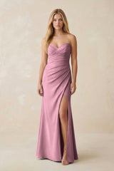 Strapless Ruched Sheath Satin Bridesmaid Dress With Slit in Wisteria - KissProm Bridesmaid Dresses