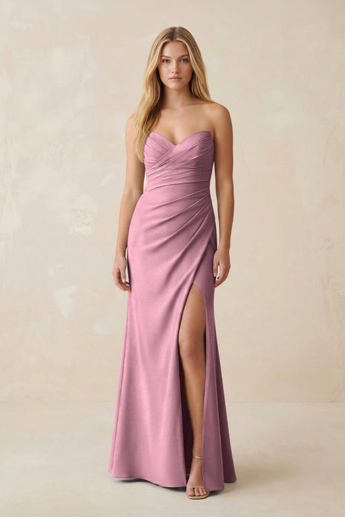 Strapless Ruched Sheath Satin Bridesmaid Dress With Slit in Wisteria - KissProm Bridesmaid Dresses