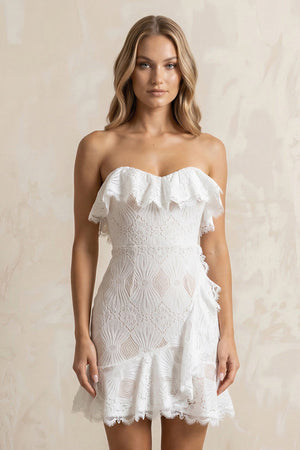 Strapless Ruffled Lace Sheath Mini Wedding Dress in Ivory - KissProm Wedding Dresses