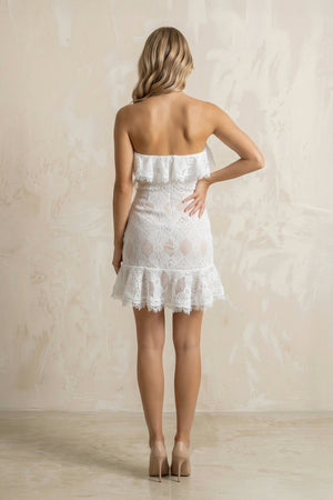 Strapless Ruffled Lace Sheath Mini Wedding Dress in Ivory - KissProm Wedding Dresses