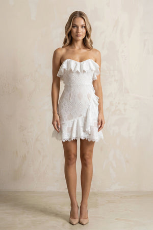 Strapless Ruffled Lace Sheath Mini Wedding Dress in Ivory - KissProm Wedding Dresses